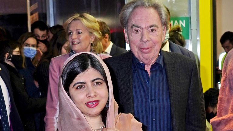 Andrew Lloyd Webber and Malala Yousafzai arriving for a special gala performance of his production of Cinderella, to support the Malala Fund, at the Gillian Lynne Theatre in London. Picture date: Monday November 22, 2021.
