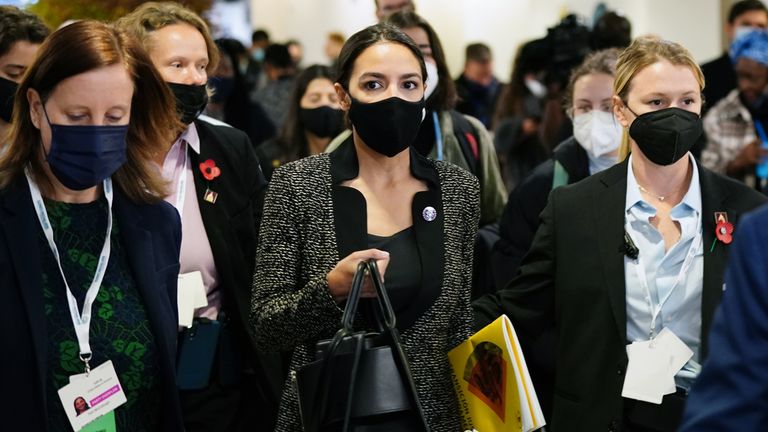 Alexandria Ocasio-Cortez visits the Cop26 summit at the Scottish Event Campus (SEC) in Glasgow for the opening of the Gender Day event. Picture date: Tuesday November 9, 2021.
