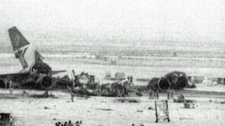 Undated file photo of the wreckage of British Airways BA 149 which landed in Kuwait hours after Iraqi forces had entered the country and whose passengers and crew were detained by the invading forces and held hostage for up to five months. Files being released to the National Archives show that the warning to the Foreign Office that Iraqi forces had entered Kuwait was not passed on to British Airways even though it had a flight heading to the Gulf state. Issue date: Tuesday November 23, 2021.

