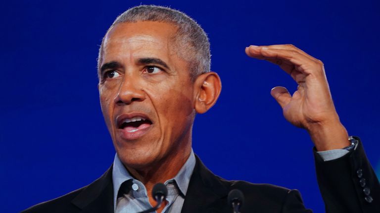 Former US president Barack Obama gives a speech during the Cop26 summit at the Scottish Event Campus (SEC) in Glasgow. Picture date: Monday November 8, 2021.
