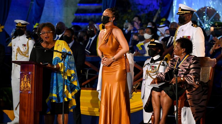 Barbados Prime Minister Mia Mottley and Barbados President Sandra Mason honour singer Rihanna as a National Hero during the Presidential Inauguration Ceremony to mark the birth of a new republic in Barbados at Heroes Square in Bridgetown, Barbados, November 30, 2021. Jeff J Mitchell/Pool via REUTERS 