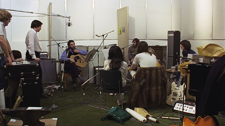 Paul McCartney, Ringo Starr, George Harrison and John Lennon in the documentary The Beatles: Get Back.  Photo: Apple Corps Ltd