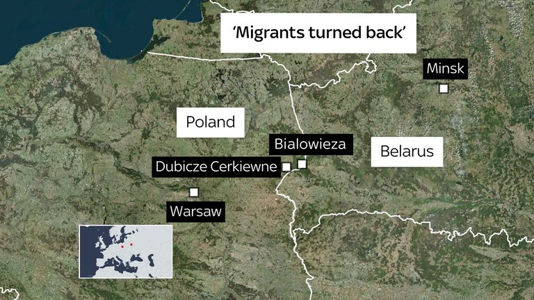 A map showing the border of Belarus and Poland, where thousands of migrants are gathered