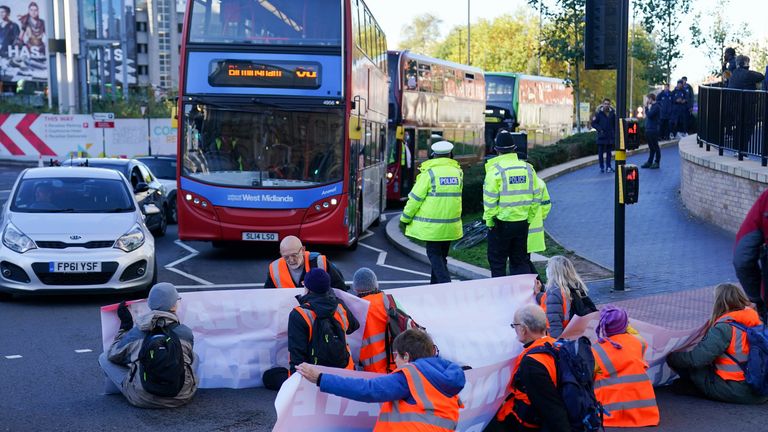 Protesters from Insulate Britain blocking Great Charles Street Queensway in Birmingham. Picture date: Tuesday November 2, 2021.
