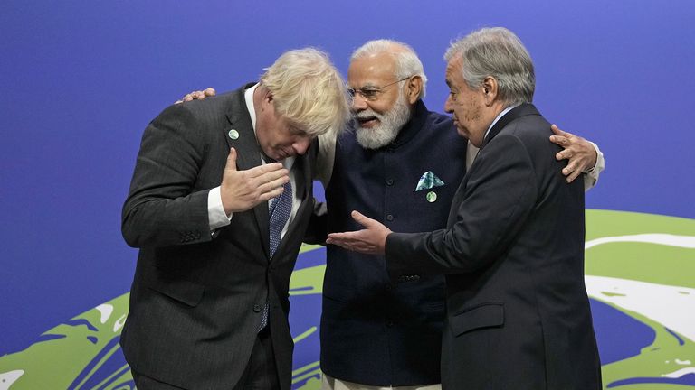 British Prime Minister Boris Johnson (left) and UN Secretary-General Antonio Guterres (right) greet India Prime Minister Narendra Modi at the Cop26 summit at the Scottish Event Campus (SEC) in Glasgow. Picture date: Monday November 1, 2021.