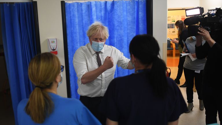 Prime Minister Boris Johnson meets with medical staff during a visit to Hexham General Hospital in Northumberland. Picture date: Monday November 8, 2021.
