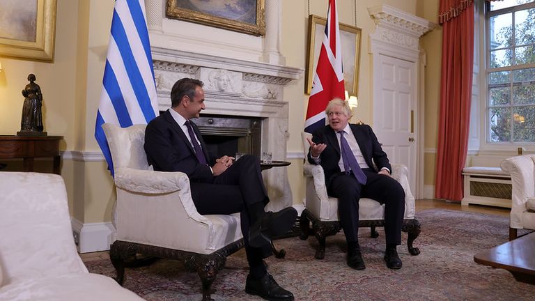Prime Minister Boris Johnson has a bilateral meeting with the Prime Minister of Greece Kyriakos Mitsotakis. Pic: Andrew Parsons/10 Downing St