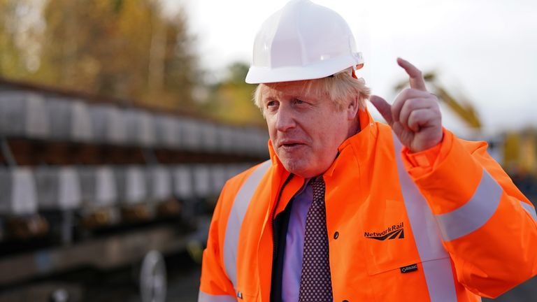 Prime Minister Boris Johnson during a visit to the Network Rail hub at Gascoigne Wood, near Selby, North Yorkshire, to coincide with the announcement of the Integrated Rail Plan. Picture date: Thursday November 18, 2021.
