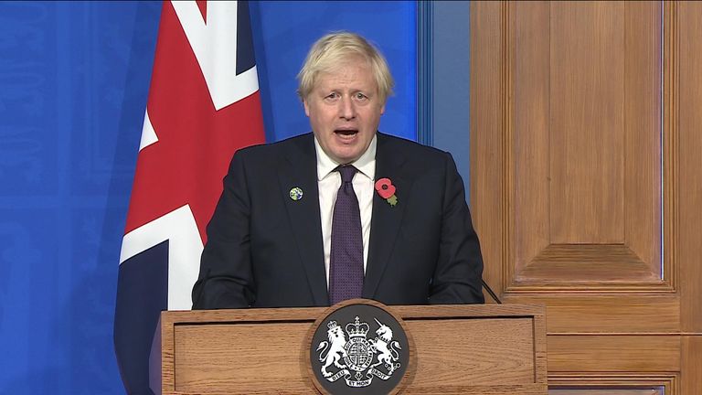 Prime Minister Boris Johnson appeared from Downing Street to discuss the newly agreed climate change pact at COP26 