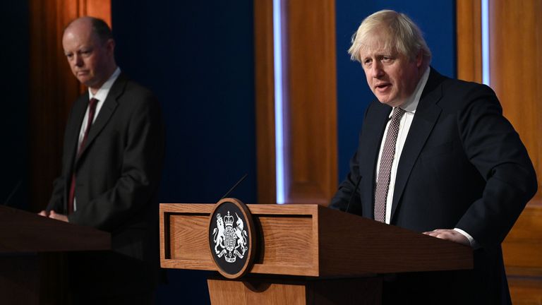 Chief Medical Officer for England Chris Whitty and Prime Minister Boris Johnson addressing the media regarding the United Kingdom&#39;s Covid-19 infection rate and vaccination campaign in Downing Street, London. Picture date: Monday November 15, 2021.