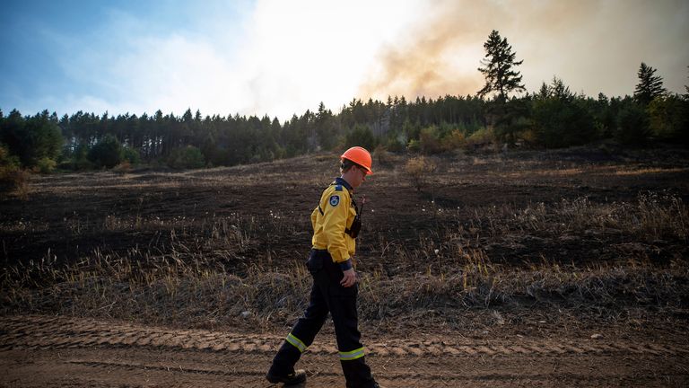 Le chef d'équipe Brent King, du service d'incendie rural de la Nouvelle-Galles du Sud, passe devant une zone où le service des incendies de Colombie-Britannique a effectué un brûlage contrôlé pour aider à contenir l'incendie de White Rock Lake