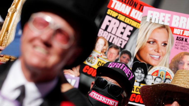 Britney Spears supporters gather outside the Stanley Mosk Courthouse on the day of her latest conservatorship case hearing in Los Angeles
