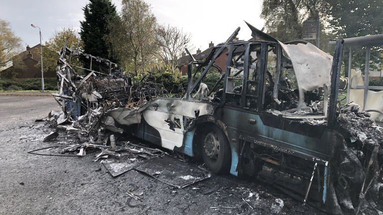 The scene on Abbott Drive in Newtownards near Belfast, after a bus was hijacked and set alight in an attack politicians have linked to loyalist opposition to Brexit&#39;s Northern Ireland Protocol. Picture date: Monday November 1, 2021.
