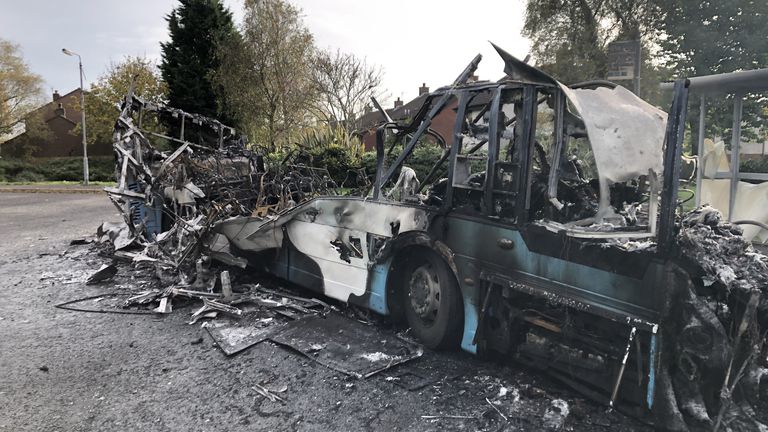 The scene on Abbott Drive in Newtownards near Belfast, after a bus was hijacked and set alight in an attack politicians have linked to loyalist opposition to Brexit's Northern Ireland Protocol. Picture date: Monday November 1, 2021.
