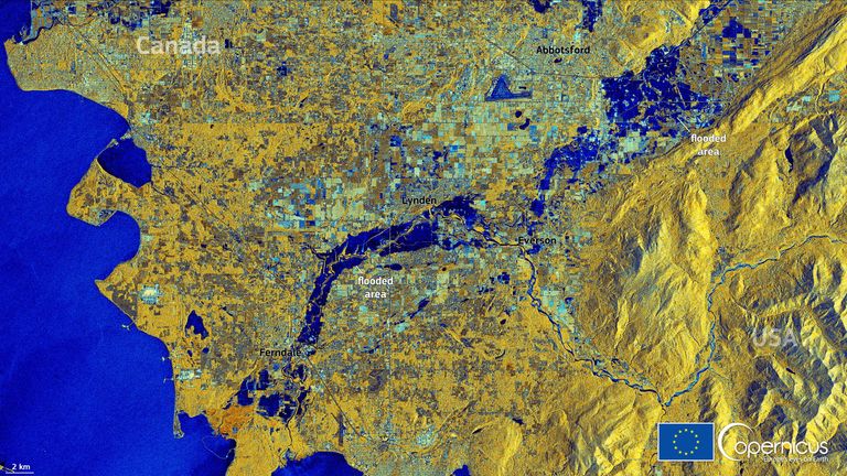 A satelite image shows flooding in Fraser Valley, Canada November 16, 2021. Courtesy of European Union, Copernicus Sentinel-1 imagery / Processed by DG DEFIS / via REUTERS ATTENTION EDITORS - THIS IMAGE HAS BEEN SUPPLIED BY A THIRD PARTY. NO RESALES. NO ARCHIVE. MANDATORY CREDIT EUROPEAN UNION COPERNICUS SENTINEL-1 IMAGERY / PROCESSED BY DG DEFIS
