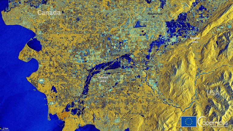 صورة قمر صناعي تُظهر فيضانًا في وادي فريزر بكندا في 16 نوفمبر 2021.  بإذن من الاتحاد الأوروبي ، صور Copernicus Sentinel-1 / معالجة بواسطة DG DEFIS / عبر REUTERS Attention Editors - تم توفير ثلث هذه الصورة.  لا إعادة بيع.  لا يوجد أرشيف.  تمت معالجة قرض الرهن العقاري بواسطة EU Copernicus Sentinel-1 Image / DG DEFIS