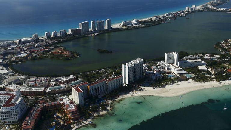An aerial view of resort hotels in Cancun, just north of Puerto Morelos
