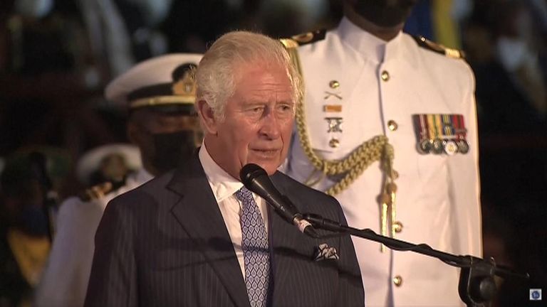 Prince Charles speaking at the ceremony to mark Barbados becoming a republic