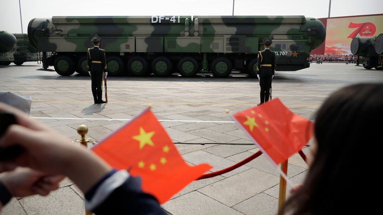 Chinese DF-41 ballistic missiles during a 2019 parade to commemorate the 70th anniversary of the founding of the Chinese Communist Party. Pic: AP