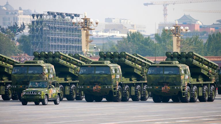 Formation of a group of intercontinental strategic nuclear missiles Dongfeng-41 shown in 2019. Image: AP