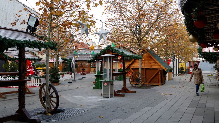 Closed Christmas market stalls in Munich, Germany