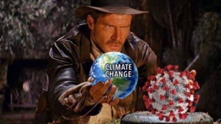 This meme shared widely on Telegram shows film character India Jones swapping out a ‘the coronavirus’ for ‘climate change’