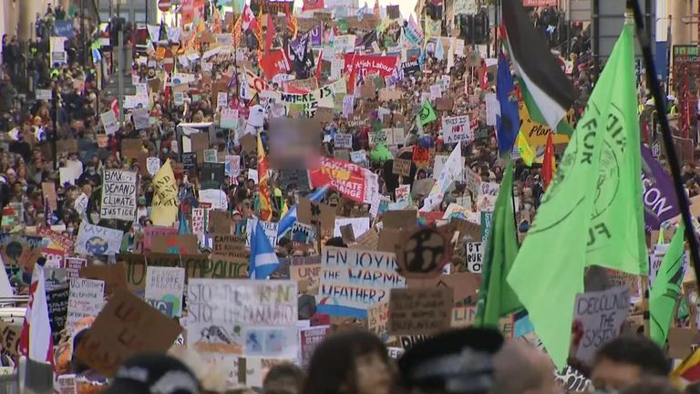 Tens of thousands are marching in Glasgow and across the UK against climate change, as nature day takes place at COP26.