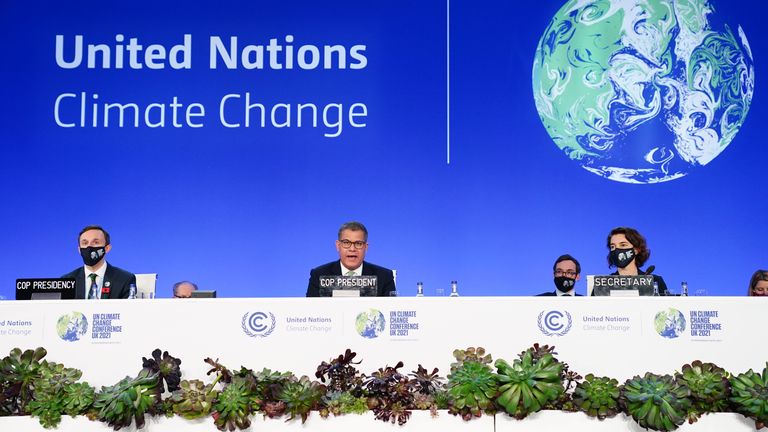 Alok Sharma addresses a plenary session on the final day of COP26 in Glasgow