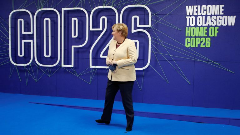 Germany&#39;s acting Chancellor Angela Merkel arrives for the Cop26 summit at the Scottish Event Campus (SEC) in Glasgow. Picture date: Monday November 1, 2021.
