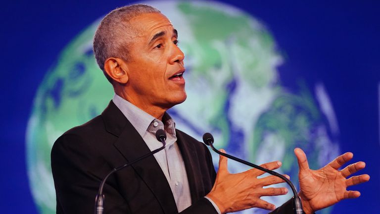 Former US president Barack Obama gives a speech during the Cop26 summit at the Scottish Event Campus (SEC) in Glasgow. Picture date: Monday November 8, 2021.
