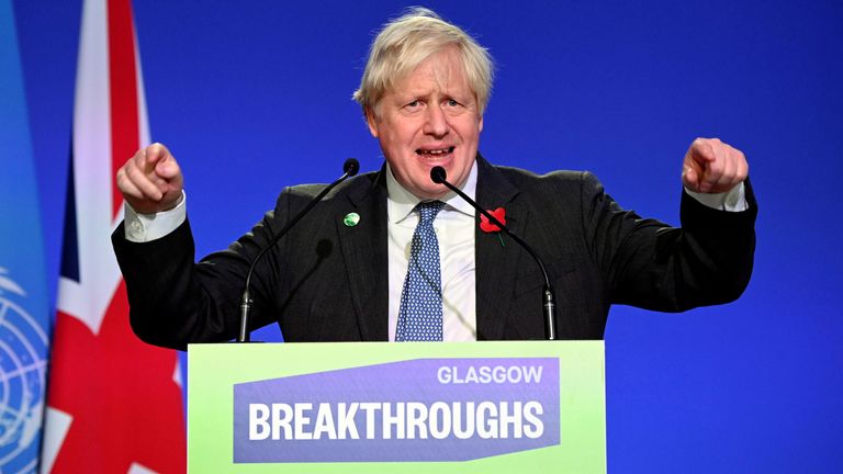 Britain&#39;s Prime Minister, Boris Johnson speaks during the &#34;Accelerating Clean Technology Innovation and Deployment&#34; session at the UN Climate Change Conference (COP26) in Glasgow, Scotland, Britain November 2, 2021. Jeff J Mitchell/Pool via REUTERS