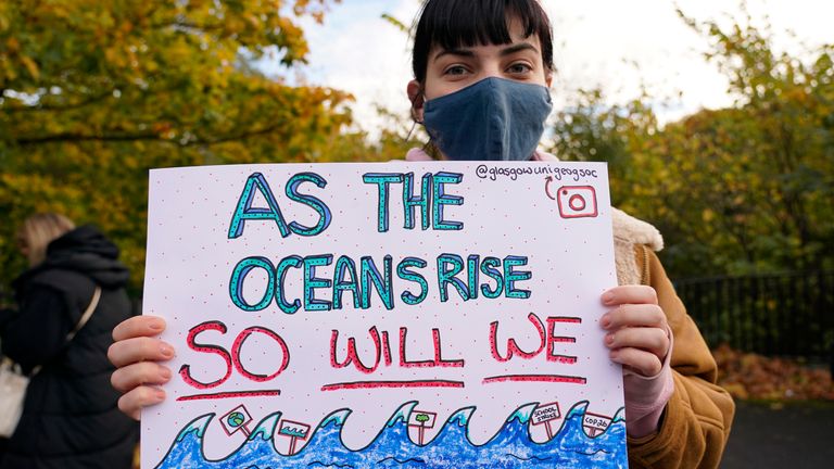 Climate activists march through the streets of Glasgow, Scotland, Friday, Nov. 5, 2021 which is the host city of the COP26 U.N. Climate Summit. The protest was taking place as leaders and activists from around the world were gathering in Scotland&#39;s biggest city for the U.N. climate summit, to lay out their vision for addressing the common challenge of global warming. (AP Photo/Alberto Pezzali)
PIC:AP