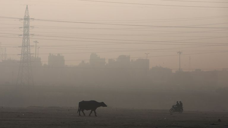 A motorbike rides on the floodplains of the Yamuna river on a smoggy morning in New Delhi, India, November 17, 2021. REUTERS/Anushree Fadnavis
