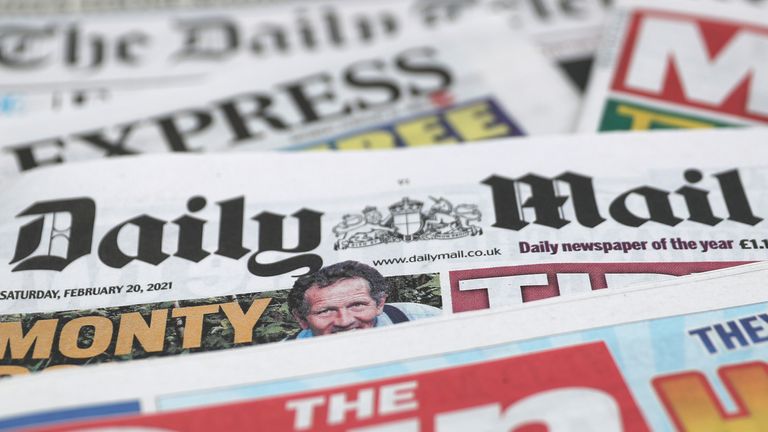A stock image of a pile of newspapers including The Daily Telegraph, The Guardian, Daily Mirror, Daily Mail, Daily Express and The Sun. Picture date: Saturday February 20, 2021.