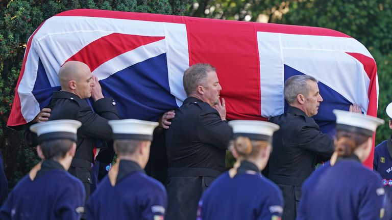 The coffin of Sir David Amess is carried into St Mary&#39;s Church in Prittlewell, Southend for his funeral service. Picture date: Monday November 22, 2021. 