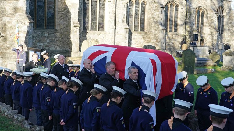 Pall bearers carry the coffin of Sir David Amess out of St Mary&#39;s Church in Prittlewell, Southend, following his funeral service. Picture date: Monday November 22, 2021.
