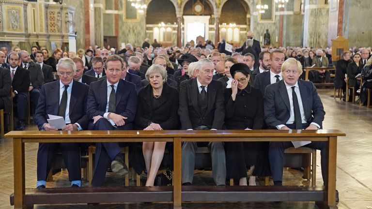 Politicians, from left, former Prime Ministers Sir John Major, David Cameron and Theresa May, Speaker of the House of Commons Sir Lindsay Hoyle, Home Secretary Priti Patel and Prime Minister Boris Johnson ahead of the requiem mass for Sir David Amess MP at Westminster Cathedral, central London. Picture date: Tuesday November 23, 2021.