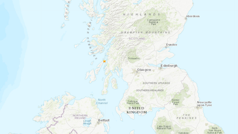 A tremor with a magnitude of 3.1 was measured at 2am around 11 miles northwest of the town of Lochgilphead in Argyll and Bute. Pic: USGS
