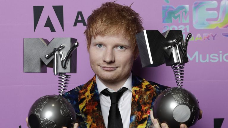 Ed Sheeran with his awards for Best Artist and Best Song in the winners room during the 2021 MTV Europe Music Awards 