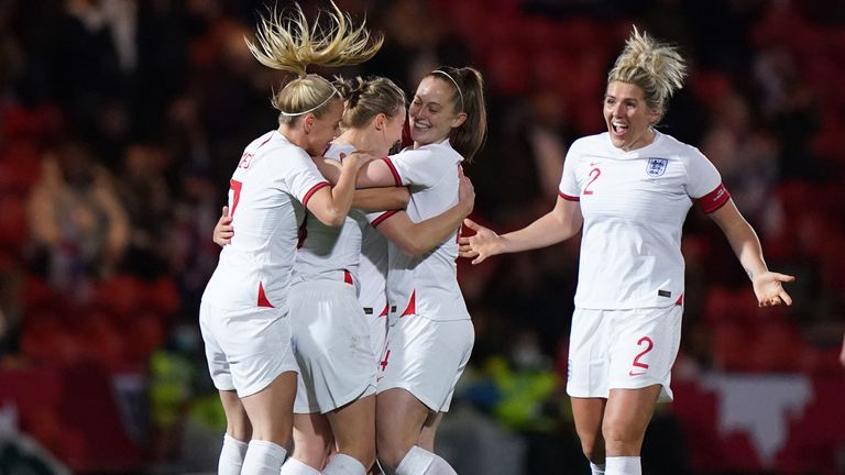England&#39;s Ellen White celebrates scores their side&#39;s second goal
