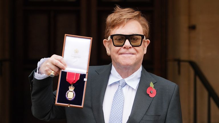 Sir Elton John after being made a member of the Order of the Companions of Honour for services to Music and to Charity during an investiture ceremony at Windsor Castle. Picture date: Wednesday November 10, 2021.