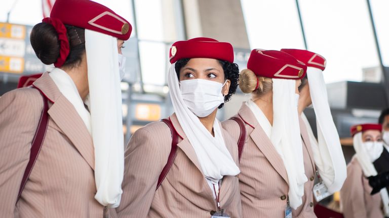UNITED STATES - AUGUST 27: A flight crew from Emirates Airline is seen in Dulles International Airport on Friday, August 27, 2021. Pic : AP