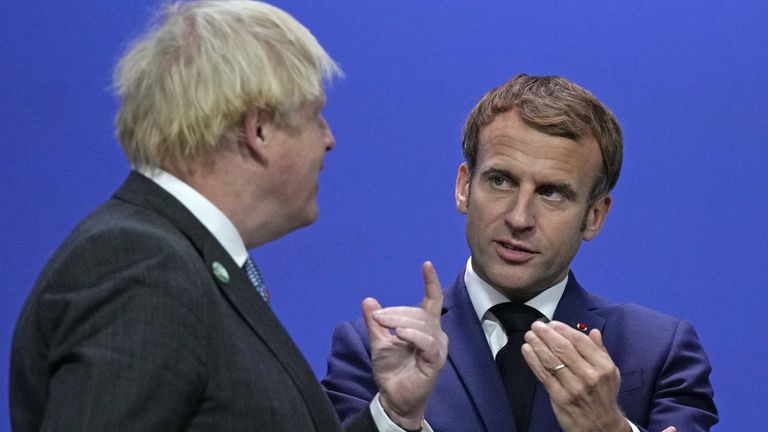Prime Minister Boris Johnson (left) greets French President Emmanuel Macron at the Cop26 summit at the Scottish Event Campus (SEC) in Glasgow. Picture date: Monday November 1, 2021.
