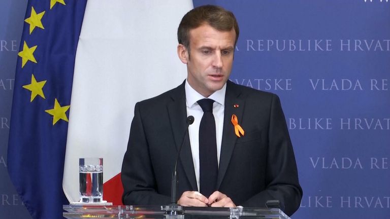 French President Emmanuel Macron at a press conference 