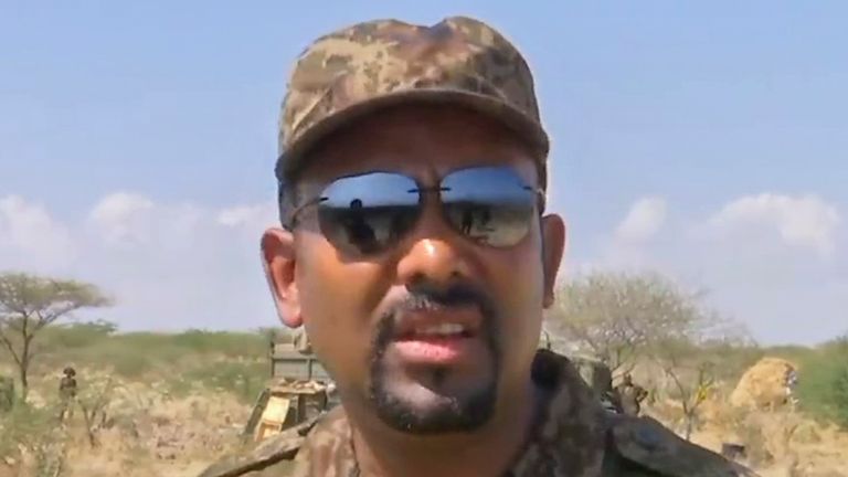 In this image made from undated subtitled video released by the prime minister of Ethiopia, Abiy Ahmed is seen dressed in military uniform speaking to a television camera at an unidentified location in Ethiopia. A state-affiliated broadcaster and the prime minister&#39;s Twitter account on Friday, Nov. 26, 2021 showed video of Abiy purportedly on the battlefront of the country&#39;s yearlong war against Tigray forces, four days after he announced he would direct the army from there. (Prime Minister of E