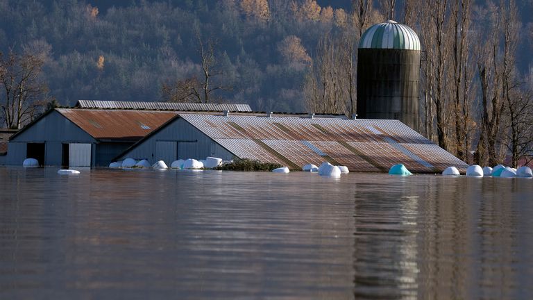 A farm submerged by flood waters caused by heavy rains and mudslides in Sumas Prairie near Chilliwack, BC. Pic: AP