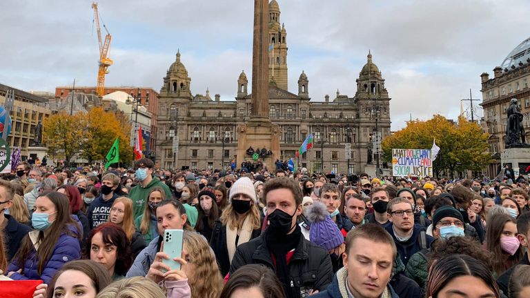 Crowds at George Square waiting for Greta Thunberg and other global activists to speak