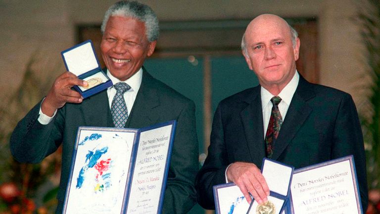 FILE- South African Deputy President F.W. de Klerk, right, and South African President Nelson Mandela pose with their Nobel Peace Prize Gold Medal and Diploma, in Oslo, Dec. 10, 1993. F.W. de Klerk, who oversaw end of South Africa&#39;s country’s white minority rule, has died at 85 it was announced Thursday, Nov. 11, 2021. (Jon Eeg/Pool photo via AP, File)
PIC:AP

