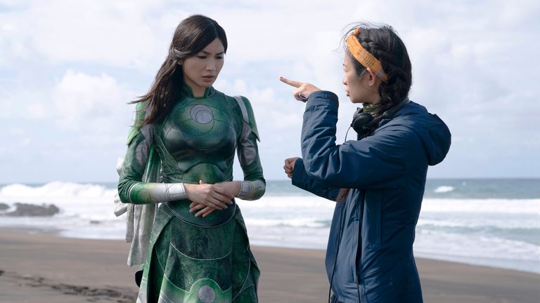 (L-R): Gemma Chan and director Chloe Zhao on the set of Eternals 