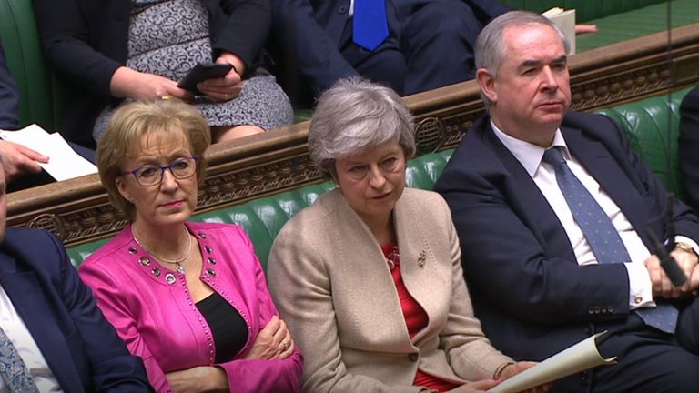 Andrea Leadsom, Prime Minister Theresa May and Attorney General Geoffrey Cox listen the Brexit debate in the House of Commons.